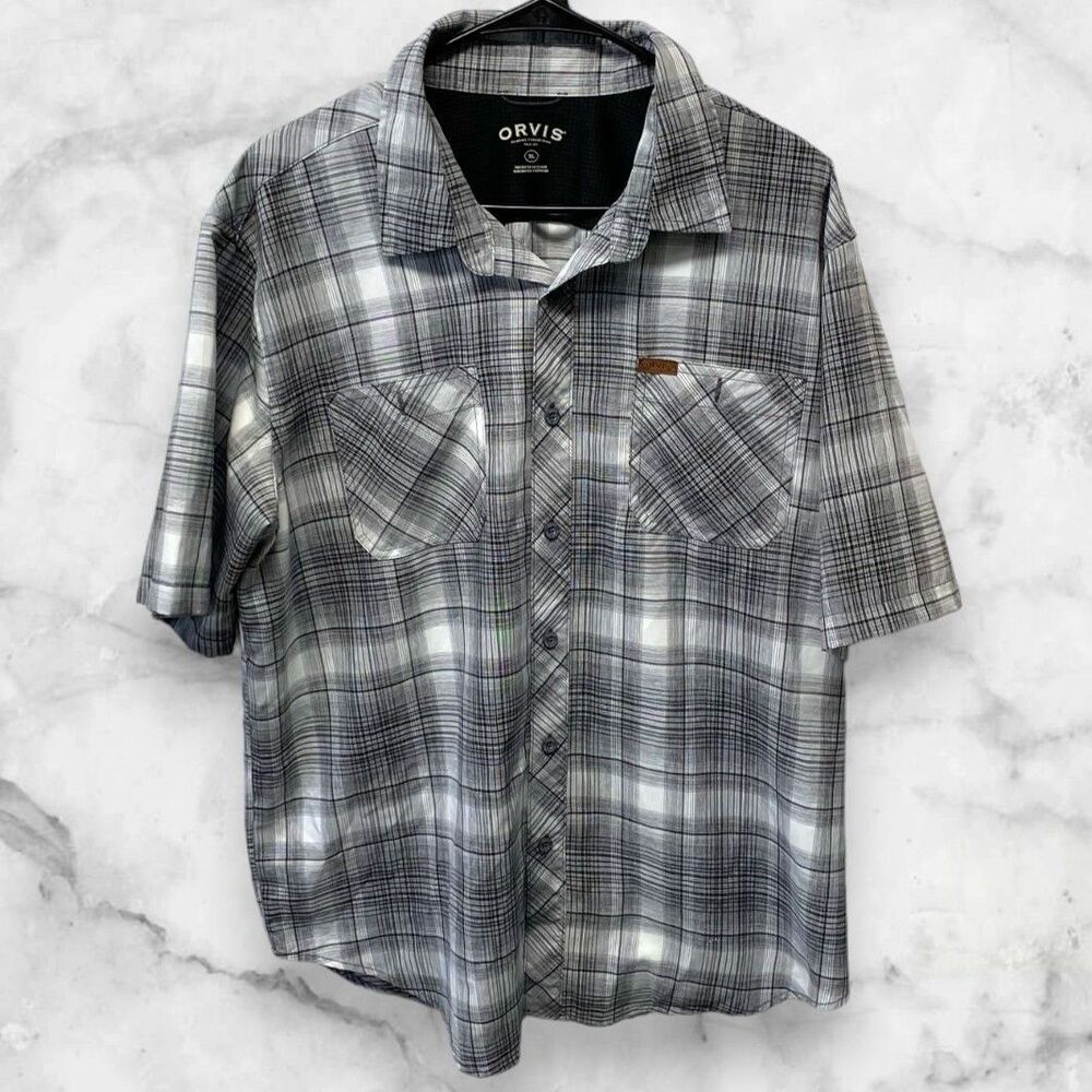 Orvis Men's XL Tech Plaid Short Sleeve Shirt - Black & White, 100% Polyester